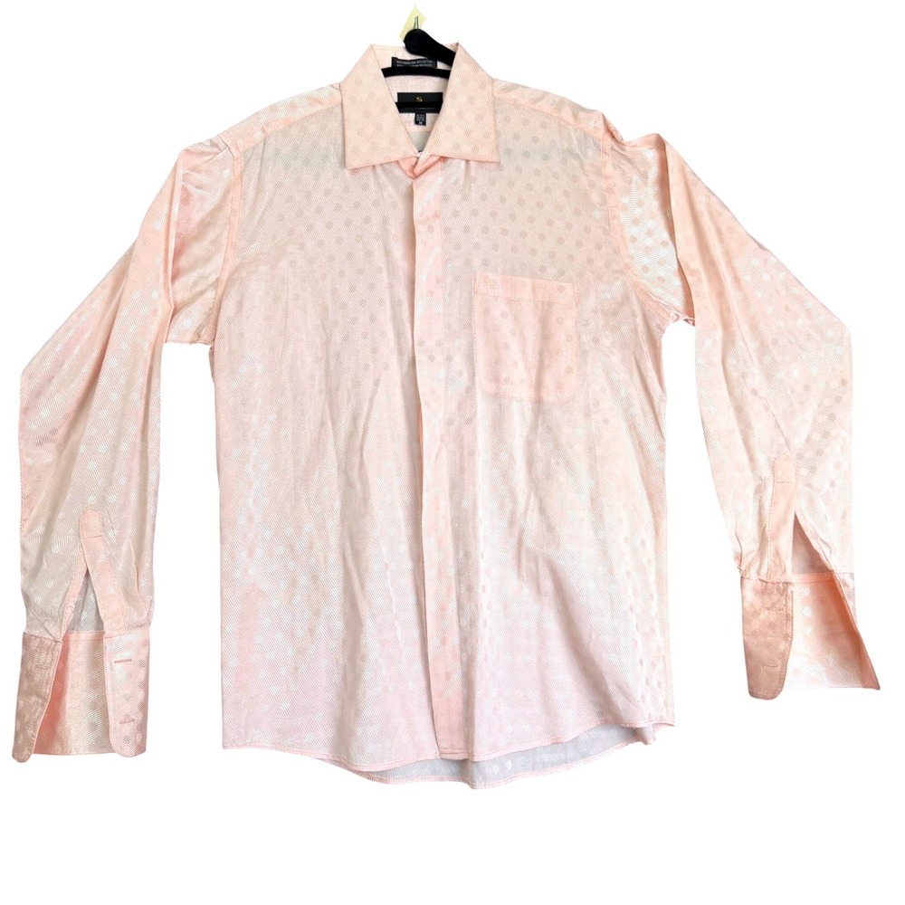Stacy Adams‎ Mens Dress Shirt M 15-15.5 Pink Jacquard Polka Dot French Cuff 4158